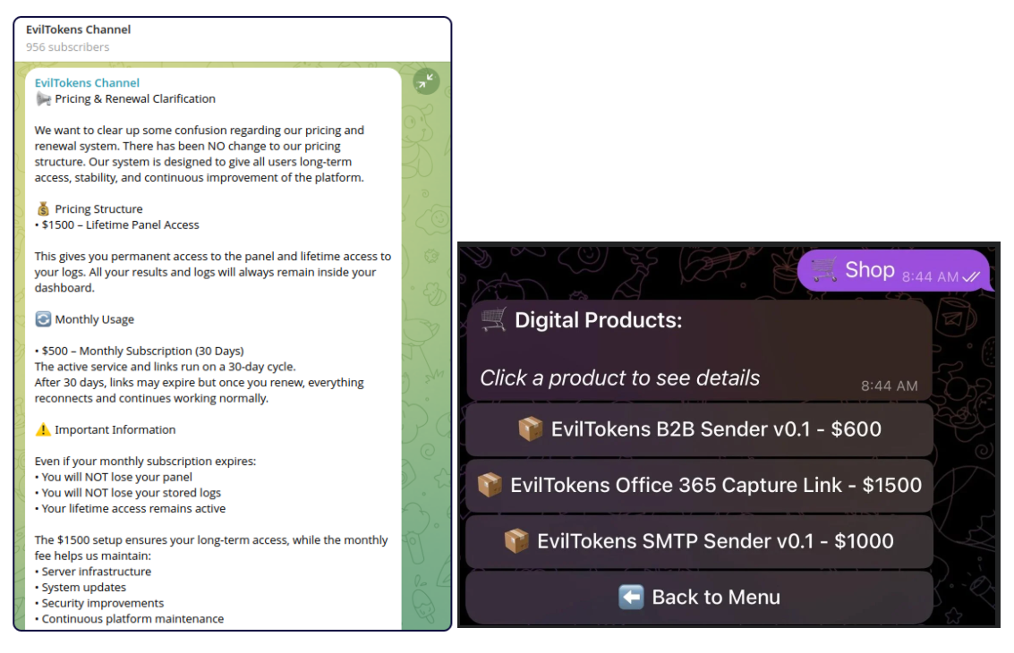 EvilTokens pricing: a Telegram channel post and shop menu listing the Office 365 capture link and sender tools