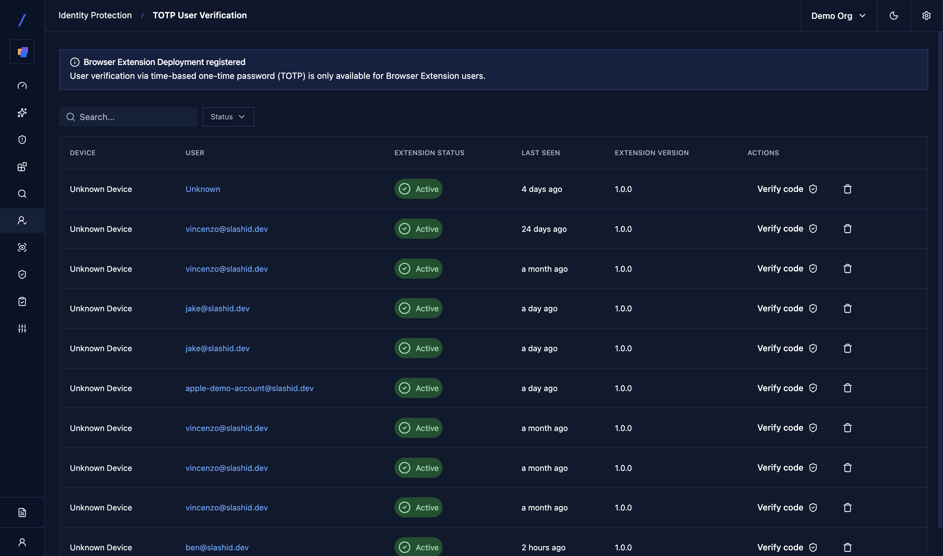 TOTP User Verification dashboard showing registered devices with verification status
